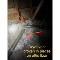 Dryer vent broken into pieces on the attic floor. 